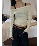 Dot off shoulder long sleeves(3color)