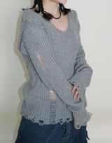 ラバーVネックダメージカットポイント長袖ニット (wool material)