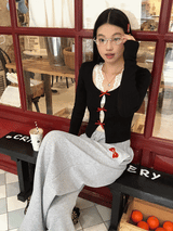 Lace Inner Layered Red Bow Long Sleeve Tee (Lace Inner Set)