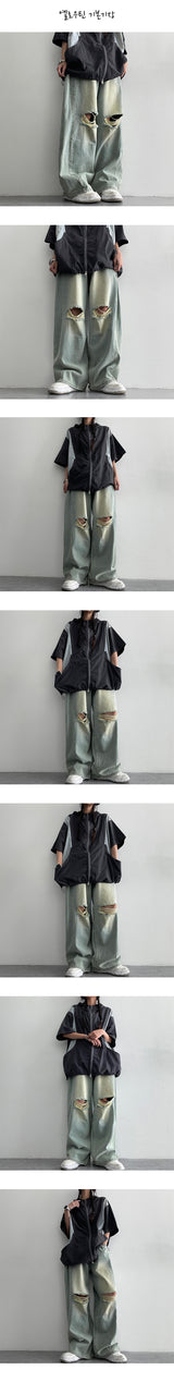 [S~XL] Bendil サイドピンタックニーズカッティングデニムワイドパンツ