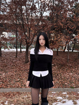 Off-shoulder color scheme shirt slim fit ribbed long sleeve knit T (2 colors)