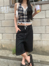 [🖤MD PICK] バックライン バックポイント バミューダデニムパンツ (Black)