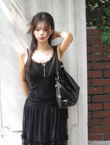 Lash See-Through Frill Mesh Banding Midi Skirt
