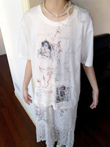 アップリケプリントパッチワークルーズショートスリーブTシャツ