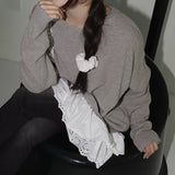 Hato Lace Ribbon Integrated Frill One-Shoulder Knitwear