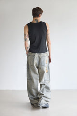 DOUBLE-KNEE CRACK-WASHED DENIM PANTS
