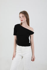 オフショルダーツイスト半袖Tシャツ Black