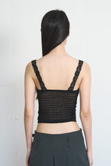Lace-Trimmed Shirred Smocked Bra Top (Black)
