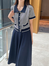 Carson Collar Color Matching Check Knit Cardigan
