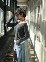 Deep V-neck see-through knit (6c)