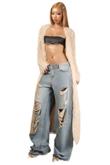 POP Beige Faux Fur Long Coat