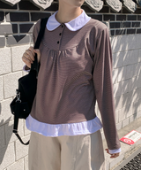 Round collar striped frill T-shirt