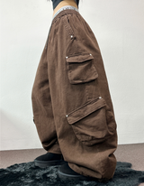 FLEECE/STRING TWO CARGO RIVET WIDE BALLOON LONG PANTS💚🤎🖤🩶4COLOR