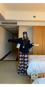 Cotton Check Casual Wide Pants