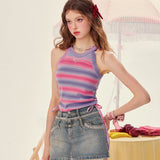 [Girly Fancy Club] Rainbow shoulder-slashing neck blouse