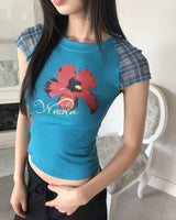 ハーフピンフラワープリンテッドブルーショートスリーブTシャツ