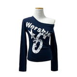 Rush Star Off-Shoulder Print Long-Sleeve Tee (4 Colors)