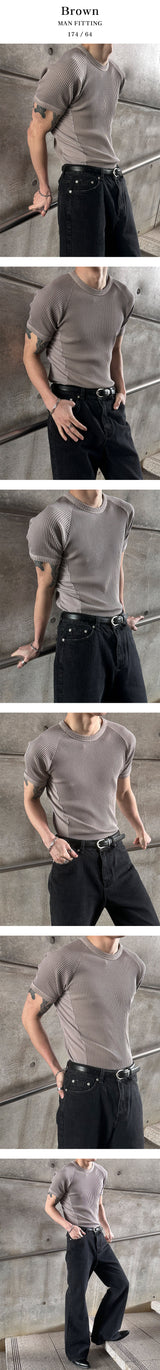 [MUSCLE FIT] Pigment mesh golgi half knit t-shirts(4color)