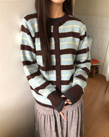ウレンストライプラウンドネックカーディガン