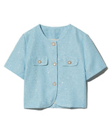85-VIVAJ055 Textured Round Crop Tweed Half Jacket Sky Blue