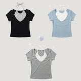 ユニークディープVネックホルターショートスリーブTシャツ (3 colors)