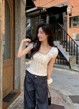 #RS Dot Puff Frill Short Sleeve Blouse + Scrunchie Set