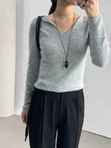 Ciar Collar V-Neck Slit Ribbed Long Sleeve Knit
