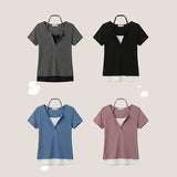 V button halterneck layered short-sleeved shirt (4 colors)