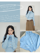 Sky blue high-neck button long-sleeved knitwear