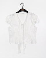 Yudo Tie Ribbon Puff Short-Sleeve Blouse