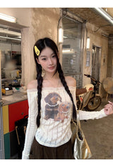 ドッグビーズレースオフショルダー長袖Tシャツ
