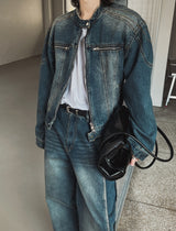 オーシャンウォッシュドステッチバイカーデニムジャケット