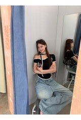 Black Stitch Unbalanced Off-Shoulder Strap Short Sleeve T-Shirt