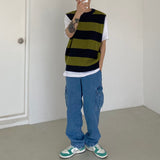 Stripe round neck knit vest 2C
