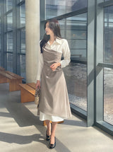 Sene color matching shirring drape shirt long one piece