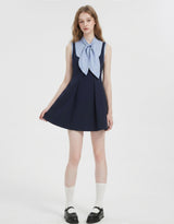 Estelle Ribbon Tie Pleats Mini Dress Sky Navy