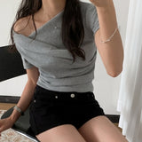 ロミー スリムフィット ドレープ シャーリング ワンショルダー 半袖Tシャツブラウス 4カラー