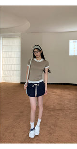 Navy drawstring terry mini skirt