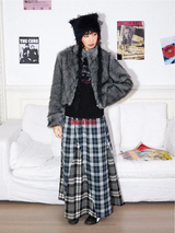 Irregular hemline design printed double-checkered pattern patchwork loose long half skirt