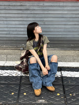 Unisex ツーウェイバミューダジッパーカーゴワイドデニムパンツ