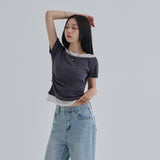 [Sendein] シャーリングオフショルダーレイヤードショートスリーブTシャツ - 3カラー