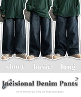 [3 Tier length] [S–2XL] ナキンピンタックウォッシュドワイドデニムパンツ