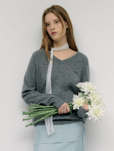 WOOL BLENDED V NECK KNIT GRAY
