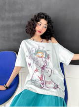 ハンドペインティドパターンプリンティドオフザショルダー半袖Tシャツ