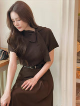 Demu Pintuck Banding Pleated Long Skirt (Belt Set)
