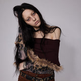 SHEISSHE/ニットジャカード スプライスプリント メッシュ オフショルダー トップ