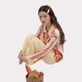 バイブラント オレンジ コントラスト ストライプ ロング スリーブ パジャマ セット - 95% Cotton Cozy Sleepwear