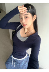 Square Navy Layered Long Sleeve T-Shirt