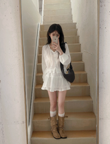 #BR ストラップ ピンタック レース フリル スプリング ブラウス