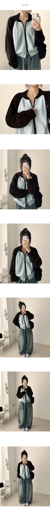 Sera collar color matching nagrang two-way knit zip-up